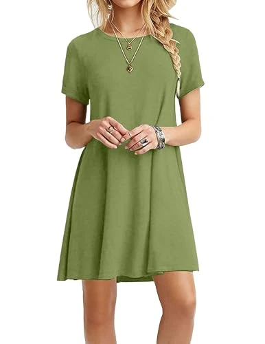 Women's Summer Dresses Knee-Length T-Shirt Dress Short Sleeve Loose Mini Beach Dress Round Neck Wome