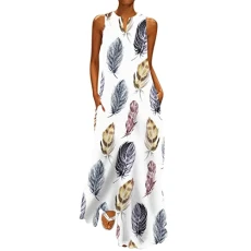 Women's Summer Dresses Women Summer Dress Sleeveless Print Loose V-Neck Maxi Dress Boho Sexy Long Beach Summer Dress with Pocket Long Sleeve Dresses Women's Elegant, White, XL