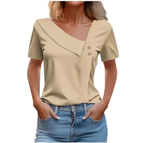 Womens Summer Dressy Blouses Elegant Skew Collar Short Sleeve Ladies Trendy Sexy Button Trim Tops Su