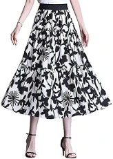 Womens Summer Elastic Waist Floral Chiffon Midi Long Swing Pleated Skirt (16, Black)