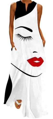 Women's Summer Fashion Printed Sleeveless Maxi Dress with Pockets (M, Long eyelashes red lips face)