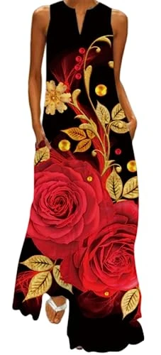 Women's Summer Fashion Printed Sleeveless Maxi Dress with Pockets (M, Red rose petals with gold leav