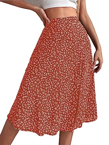 Women's Summer Floral Print Casual Loose Swing Skirt High Waist Bohemian Midi Skirt Orange S