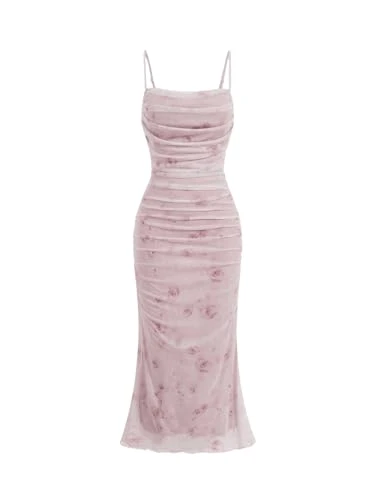 Women's Summer Floral Ruched Bodycon Midi Dress Sleeveless Mesh Long Cami Cute Dresses Light Pink M