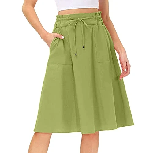 Women's Summer Knee-Length Short Skirts Women's Summer with Drawstring Adjustable Maxi Skirt with Pockets Beach Skirt Loose Comfortable Casual Skirt Lightweight and Airy Midi Skirt Swing A-line Skirt