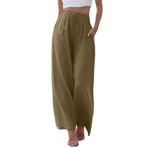 Women's Summer Linen Trousers Lightweight Casual Linen Trousers Loose Comfortable Casual Trousers Elegant Palazzo Trousers Wide Leg Relaxation Trousers High Waist with Drawstring Pockets Women Outdoor