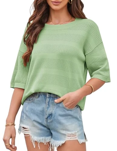 Women's Summer Loose Lightweight Pullover Crew Neck Half Sleeve Hollow Knitted Top, light green, L