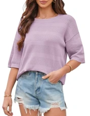 Women's Summer Loose Lightweight Pullover Crew Neck Half Sleeve Hollow Knitted Top, light purple, L