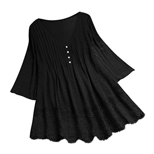 Womens Summer Loose Tops V-Neck Lace Crochet Half Sleeve Shirts Casual Chiffon Blouses Flowy Blouses