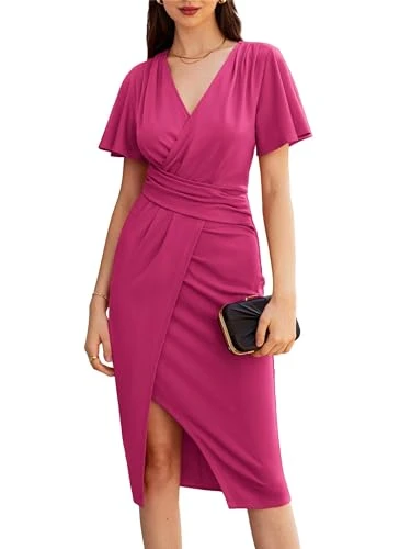 Women’s Summer Midi Bodycon Dresses for Work Office Cocktail Rose Red Short Sleeve Wrap Business V