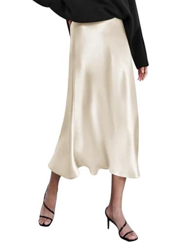 Women's Summer Midi Satin Skirt Dressy Casual High Waisted A Line Flowy Ruffle Elegant Party Skirts Cream
