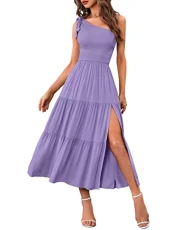 Women's Summer One Shoulder Sleeveless Knot Smocked Midi Dress Split Tiered Flowy Dresses, Purple, S