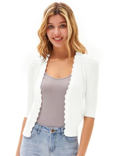 Women's Summer Plunging 3/4 Puff Sleeve V Neck Open Front Cardigan Shrugs Knitwear White L