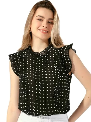 Women's Summer Polka Dot V-Neck Ruffle Elegant Casual Chiffon Tops Camisole, black, L