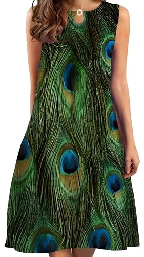 Women's Summer Print Midi Skirt Crew Neck Long Casual Sleeveless Dress (L, Peacock)