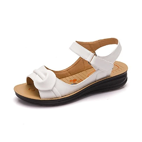 Women's Summer PU Leather Ankle Strap Platform Casual Sandals Beach Sandals (EU 37, White)