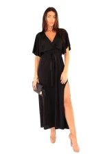 Women’s Summer Satin Wrap V Neck Ruffle Short Sleeve Slit Maxi Dresses 3289 Black Small