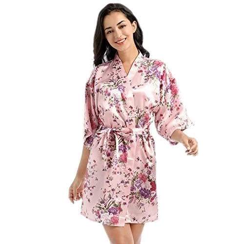 Women's Summer Short Gown Thin Loose Simulation Silk Daffodil Cardigan Wedding Gown XL Meat Powder