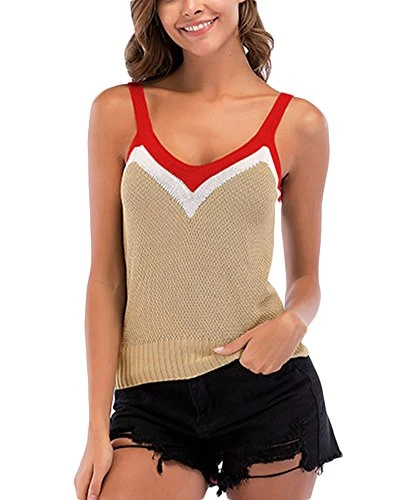 Womens Summer Sling Knit Vest V Neck Sleeveless Backless Tshirt Blouse Tank Tops Khaki L