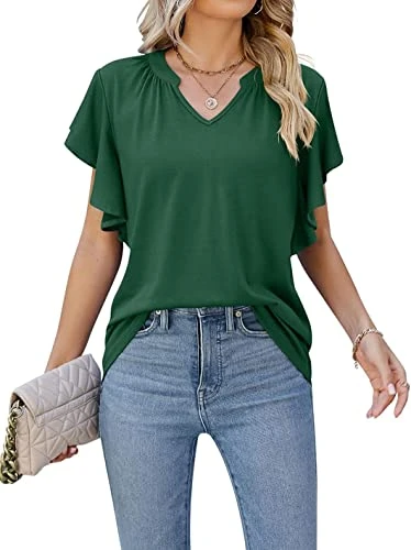 Womens Summer Solid Color Tops Casual V Neck Flutter Sleeve Loose Tunic Top T-Shirt Green