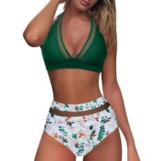 Women's Summer Solid V Neck Cutout Paneled Bikini Set Women Swimwear with Shorts (AG, M)