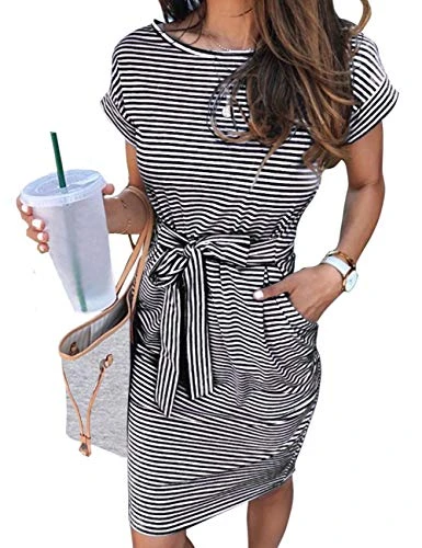 Women's Summer Striped Short Sleeve T Shirt Dress Casual Tie Waist with Pockets, Black, S