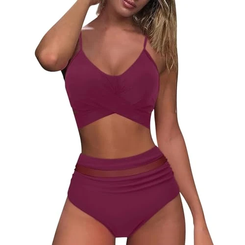 Women's Summer Swimwear Spaghetti Strap Solid Bikini Tops V Neck Cutout Bikini Set Ladies Beachwear UK Bikini with Shorts for Women Retro Swimwear Woman Swimming Costume Bathing Suit Wine