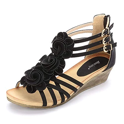 Women's Summer T-Straps Buckle Design Fashion Wedge Heel Sandals Black Size: 6-6.5