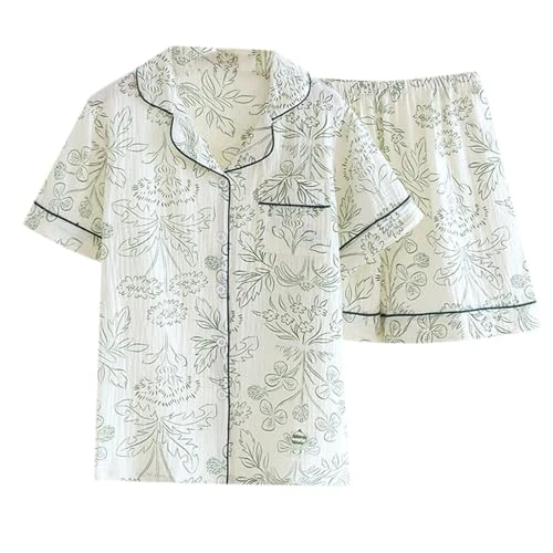 Women's Summer Thin Double Layer Pure Cotton Short Sleeve Shorts Cotton Home Wear Pyjamas Set Warm Pyjamas, Green, M