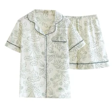 Women's Summer Thin Double Layer Pure Cotton Short Sleeve Shorts Cotton Home Wear Pyjamas Set Warm Pyjamas, Green, M