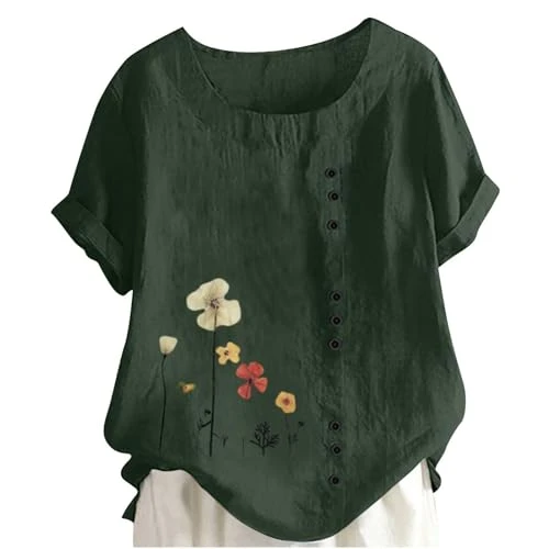 Women's Summer Tops Loose Casual Blouses Cotton Linen Shirts Boho Embroidered Top Short Slee