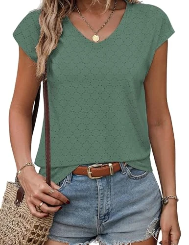 Womens Summer Tops UK Sleeveless Loose Fit V Neck Eyelet Summer Clothes Elegant Tops Basic Casual Classic Blouse Short Tshirt Embroidery Tank Top Camisoles Swing Green L