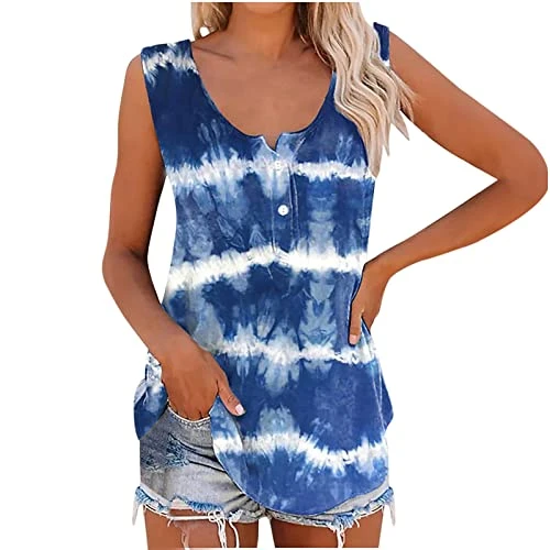 Women's Summer Tunic Sleeveless V Neck Button Tank Tops Tie Dye Casual Henley Shirts Plus Size Basic