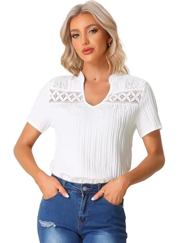 Women's Summer V-Neck Short Sleeve Crochet Trim Textured Top, White, XL