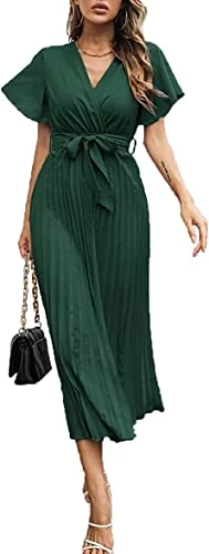 Women's Summer V Neck Wrap Maxi Dress Flowy Pleated Hem Belt A-Line Long Dresses Swing Beach Sun Dress Green