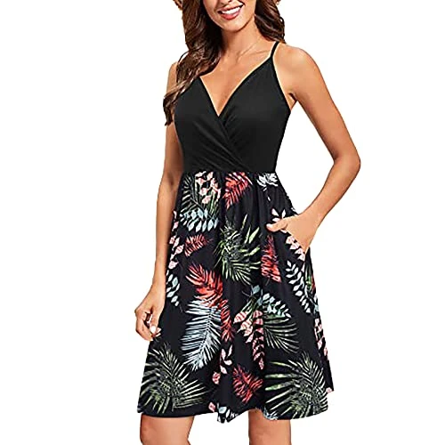 Women's Sundress V Neck Floral Spaghetti Strap Summer Casual Backless Swing Wrap Dress With Pocket Cotton Halter Top