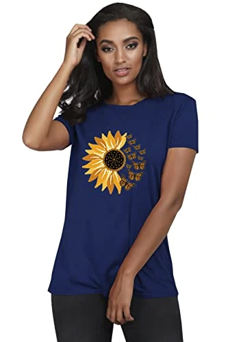 Womens Sunflower Butterfly Baggy Short Sleeve Casual Basic Tee T Shirt Top Navy M/L (UK 12/14)