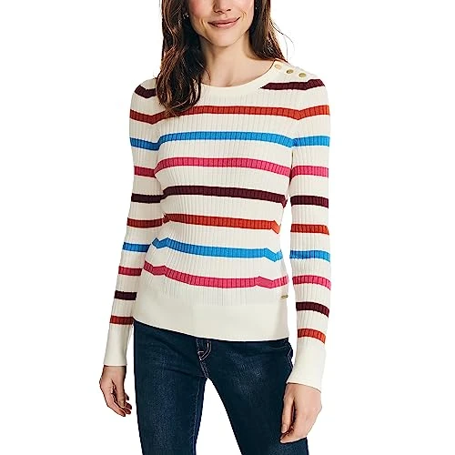 Women's Sustainably Crafted Striped Crewneck Sweater, Marshmallow, Small