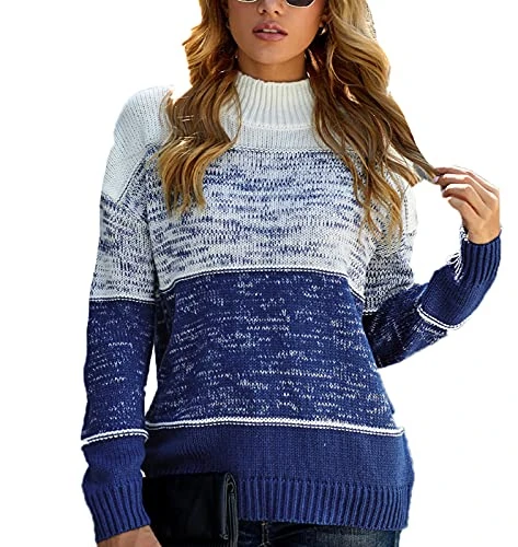 Women's Sweater Color Block Striped Loose Fit Crewneck Long Sleeve Knit Pullover Jumper