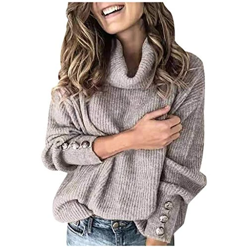 Women's Sweater Elegant Autumn Winter Sweatshirt Loose Sleeves Knitted Jumper Button Long Pullover Women's Tops Turtleneck Pullover Women's Elegant Loose Jumper Warm Outwear Pullover, gray, XL