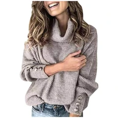 Women's Sweater Elegant Autumn Winter Sweatshirt Loose Sleeves Knitted Jumper Button Long Pullover Women's Tops Turtleneck Pullover Women's Elegant Loose Jumper Warm Outwear Pullover, gray, XL