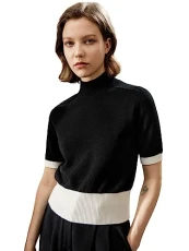 Womens Sweater T-Shirt 100% Cashmere Knitted Top Short Sleeves with Mock Neck & Contracting Colors All Seasons(Black,S