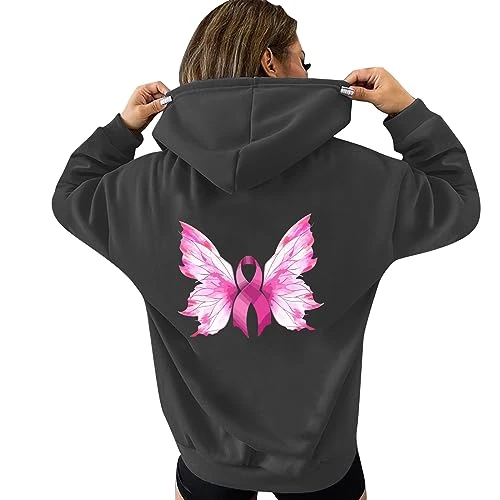 Women's Sweatshirt Breast Cancer Butterfly Leaf Print Casual Hooded Plain Long Sleeve Pocket Sweatshirt Cuddly Pullover Women's Hoodie Women's Oversize, gray, L