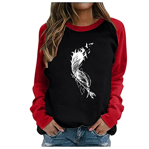 Women's Sweatshirt Elegant Casual Pullover Women Casual Silk Printed Shirt Long Sleeve Sweatshirts Loose Pul Sweatshirt Women's Basic Crew Neck Long Sleeve Shirt, Z1-red, XXL