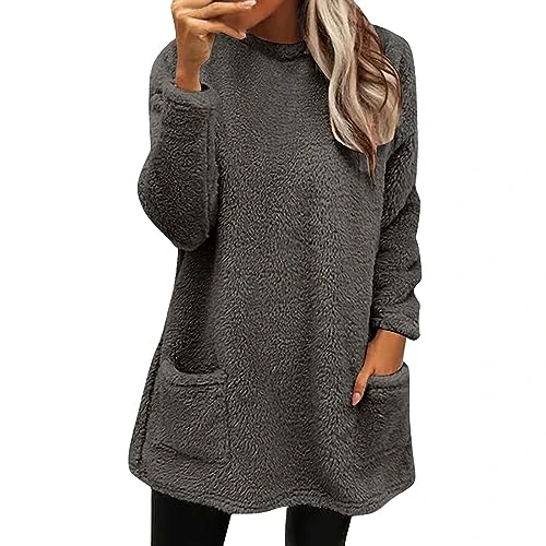 Womens Sweatshirt Fuzzy Casual Loose Velvet Winter Warm Sweater Long Sleeve Teddy Fleece Hoodies with Pockets Mid-long Pullover Jumpers Outwear Plus Size Coat Jacket
