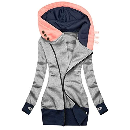 Women's Sweatshirt Jacket Long Warm Hooded Jacket Winter Cuddly Hoodie Teddy Fleece Sweat Jacket Cotton Colour Block Pullover with Hood Fleece Jacket Soft Comfortable Autumn Jacket for Everyday