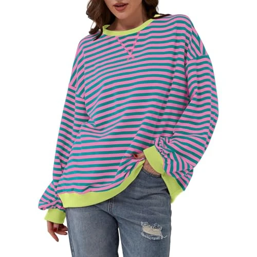 Women's Sweatshirt Oversized Striped Pullover Jumper Ladies Vintage Crew Neck Long Sleeve Tops Y2K Aesthetic Clothes Outfit UK (Pink & Green, XL)