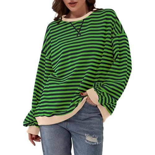 Women's Sweatshirt Oversized Striped Pullover Jumper Ladies Vintage Crew Neck Long Sleeve Tops Y2K Aesthetic Clothes Outfit UK (Green, XL)