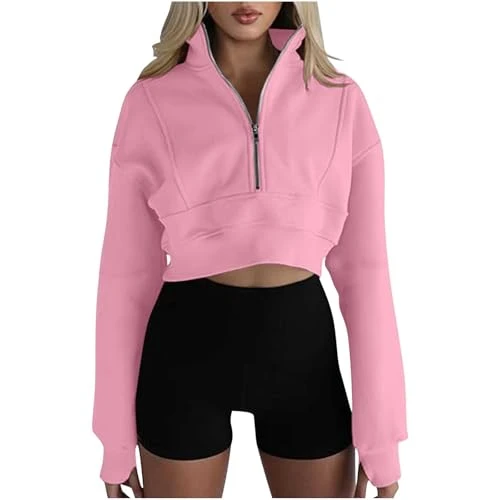 Women's Sweatshirts Half Zipper Cropped Pullover Solid Casual Long Sleeve Tops with Thumb Hole Fleec