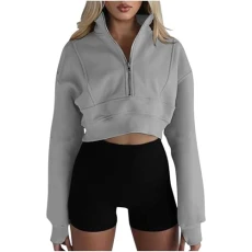 Women's Sweatshirts Half Zipper Cropped Pullover Solid Casual Long Sleeve Tops with Thumb Hole Fleece Workout Jumper Polo V Neck Shirts Fall Y2K Trendy Tops for Girls